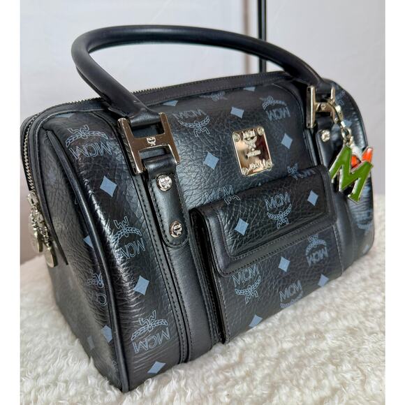 MCM Boston Satchel Black Visetos Monogram Vtg Leather Bag Gold Hardware – Small - Picture 5 of 14